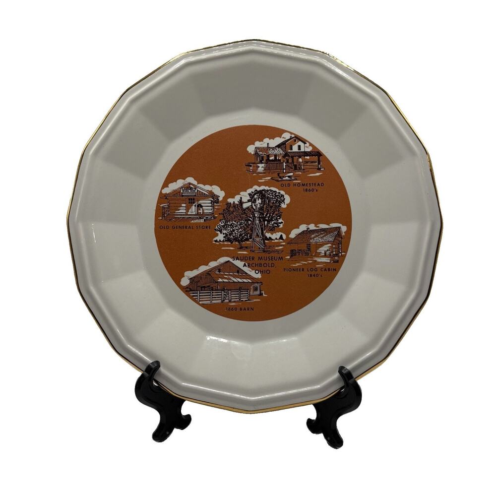 Vintage Sauder Museum Archbold Ohio Souvenir Plate Gold Trim Octagonal 10" Brown